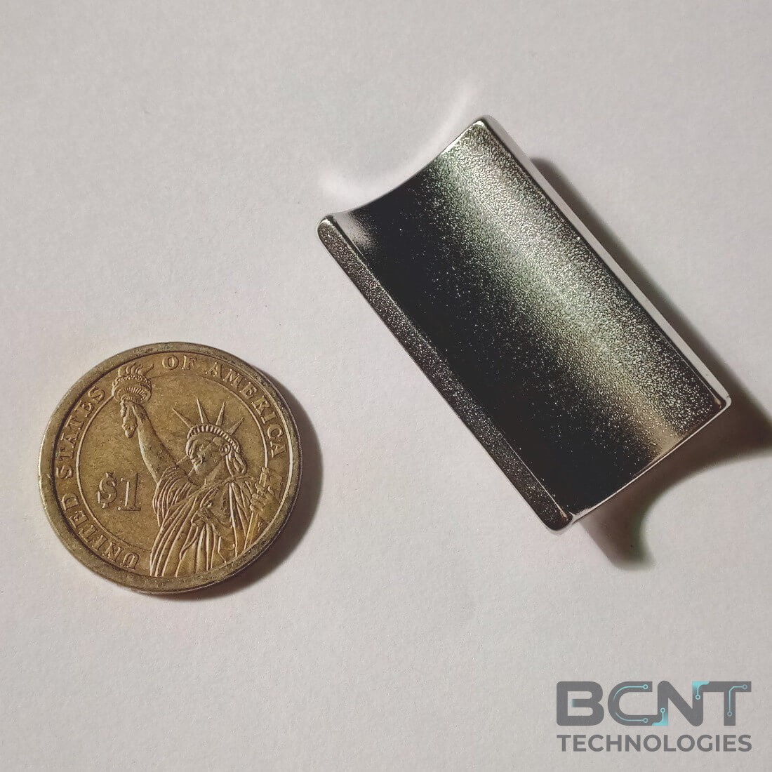 Neodymium Arc Segment Magnet - R15.8 x r12.8 x 24.8W x 41L x 3mm thickness ARC South Pole (SKU: R15.8-r12.8-24.8W-41L-3T-N38H-S) | BCNT TECHNOLOGIES