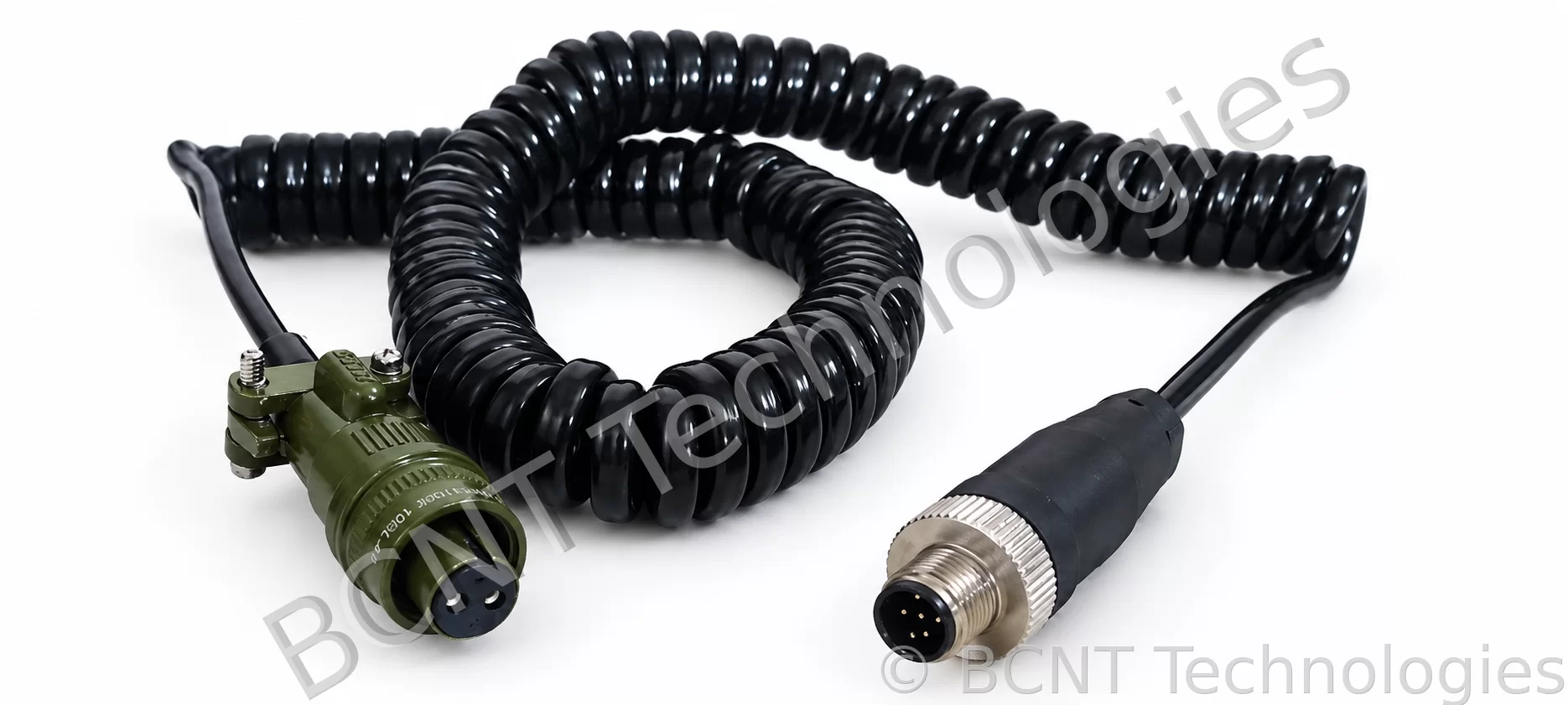 COILED / SPIRAL Accelerometer cable - MIL to BNC / M12 - View 2 (SKU: BCNT-JS-SDP)