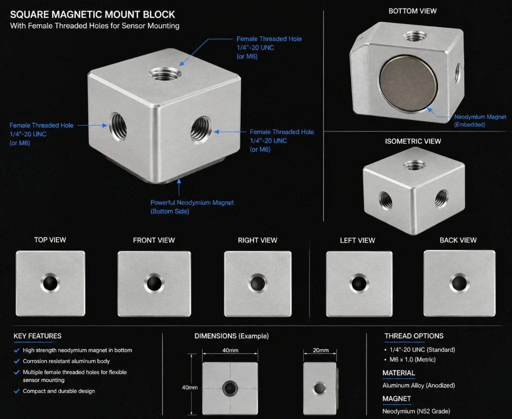Square Magnetic Mount Block for Triaxial & Multi-Axis Sensor Mounting