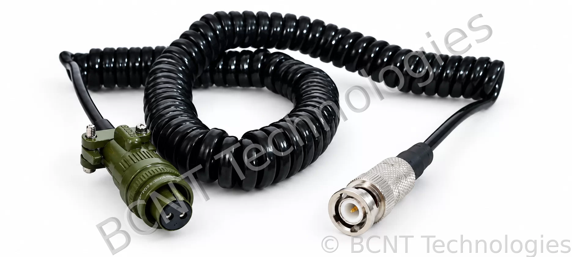 COILED / SPIRAL Accelerometer cable - MIL to BNC / M12 (SKU: BCNT-JS-SDP) - BCNT Technologies